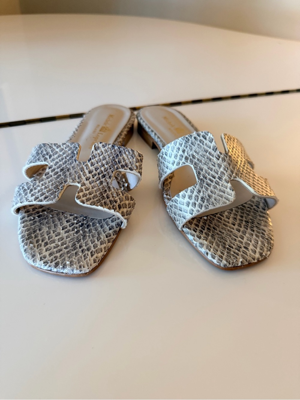 Snake-Print White & Gray Slide Sandals for Women